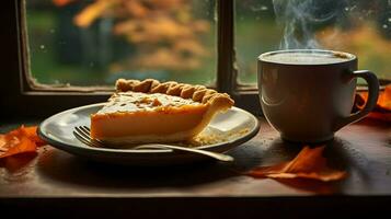 calabaza tarta fondo, café tiempo, generativo ai foto