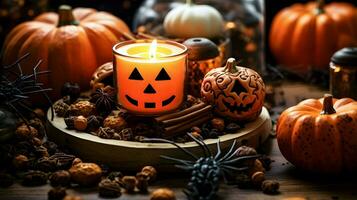 Pumpkin spice potpourri and candles, cozy background layout, Generative AI photo