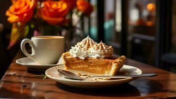 Pumpkin Pie background, coffee time, Generative AI photo