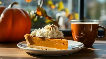 calabaza tarta fondo, café tiempo, generativo ai foto