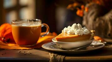 Pumpkin Pie background, coffee time, Generative AI photo