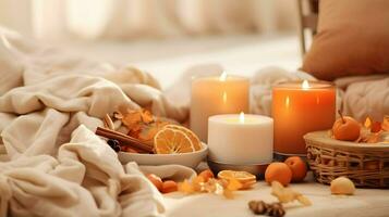 Pumpkin spice potpourri and candles, cozy background layout, Generative AI photo