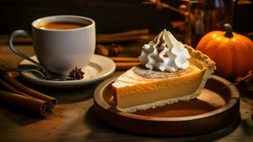 Pumpkin Pie background, coffee time, Generative AI photo