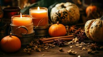 Pumpkin spice potpourri and candles, cozy background layout, Generative AI photo