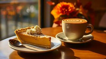 calabaza tarta fondo, café tiempo, generativo ai foto