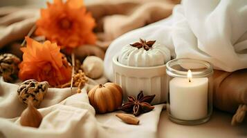 Pumpkin spice potpourri and candles, cozy background layout, Generative AI photo