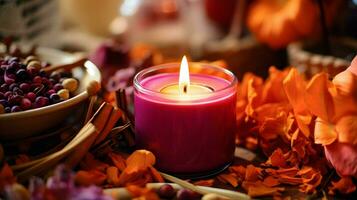 Pumpkin spice potpourri and candles, cozy background layout, Generative AI photo