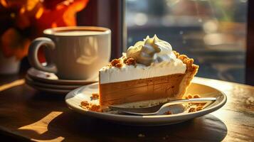 Pumpkin Pie background, coffee time, Generative AI photo