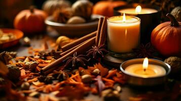 Pumpkin spice potpourri and candles, cozy background layout, Generative AI photo