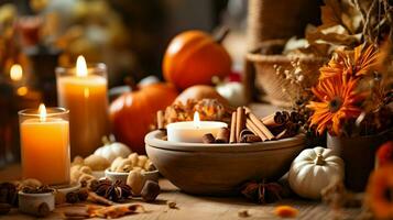 Pumpkin spice potpourri and candles, cozy background layout, Generative AI photo