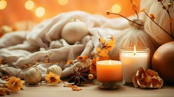 Pumpkin spice potpourri and candles, cozy background layout, Generative AI photo
