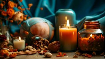 Pumpkin spice potpourri and candles, cozy background layout, Generative AI photo