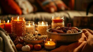 Pumpkin spice potpourri and candles, cozy background layout, Generative AI photo