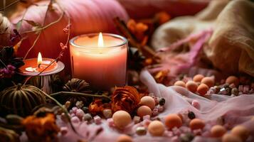 Pumpkin spice potpourri and candles, cozy background layout, Generative AI photo