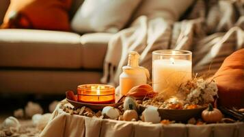 Pumpkin spice potpourri and candles, cozy background layout, Generative AI photo