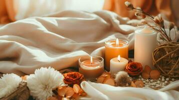 Pumpkin spice potpourri and candles, cozy background layout, Generative AI photo