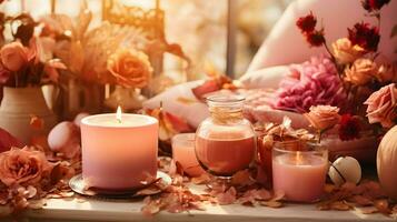 Pumpkin spice potpourri and candles, cozy background layout, Generative AI photo