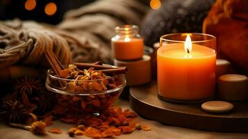 Pumpkin spice potpourri and candles, cozy background layout, Generative AI photo