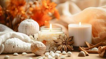 Pumpkin spice potpourri and candles, cozy background layout, Generative AI photo