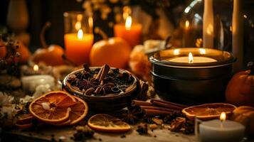 Pumpkin spice potpourri and candles, cozy background layout, Generative AI photo