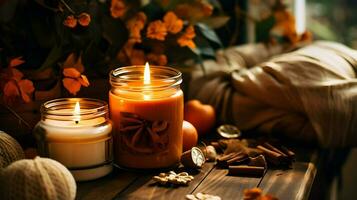 Pumpkin spice potpourri and candles, cozy background layout, Generative AI photo