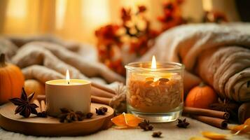 Pumpkin spice potpourri and candles, cozy background layout, Generative AI photo