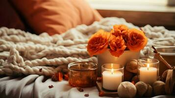 Pumpkin spice potpourri and candles, cozy background layout, Generative AI photo