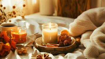 Pumpkin spice potpourri and candles, cozy background layout, Generative AI photo