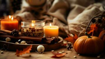 Pumpkin spice potpourri and candles, cozy background layout, Generative AI photo