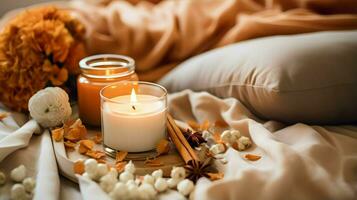 Pumpkin spice potpourri and candles, cozy background layout, Generative AI photo