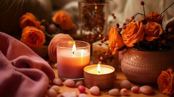 Pumpkin spice potpourri and candles, cozy background layout, Generative AI photo