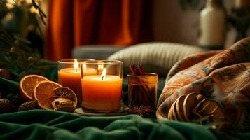 Pumpkin spice potpourri and candles, cozy background layout, Generative AI photo