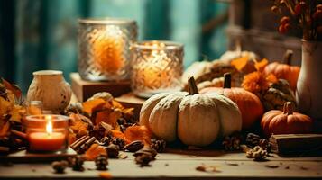 Pumpkin spice potpourri and candles, cozy background layout, Generative AI photo