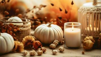 Pumpkin spice potpourri and candles, cozy background layout, Generative AI photo