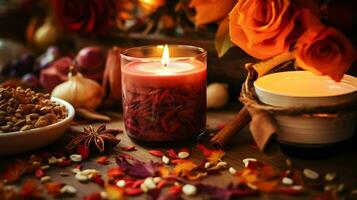 Pumpkin spice potpourri and candles, cozy background layout, Generative AI photo