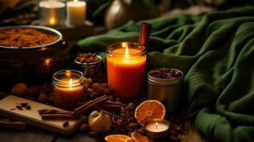 Pumpkin spice potpourri and candles, cozy background layout, Generative AI photo