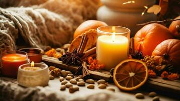 Pumpkin spice potpourri and candles, cozy background layout, Generative AI photo