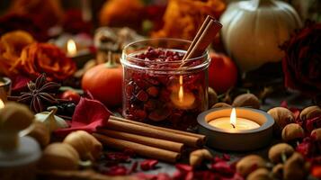 Pumpkin spice potpourri and candles, cozy background layout, Generative AI photo