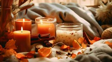 Pumpkin spice potpourri and candles, cozy background layout, Generative AI photo