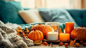 calabaza especia popurrí y velas, acogedor antecedentes disposición, generativo ai foto