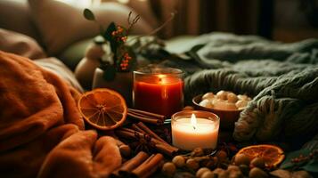 Pumpkin spice potpourri and candles, cozy background layout, Generative AI photo
