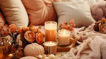 Pumpkin spice potpourri and candles, cozy background layout, Generative AI photo