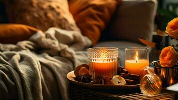 Pumpkin spice potpourri and candles, cozy background layout, Generative AI photo