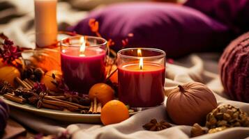 Pumpkin spice potpourri and candles, cozy background layout, Generative AI photo