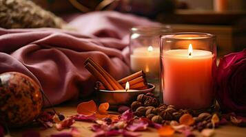 Pumpkin spice potpourri and candles, cozy background layout, Generative AI photo