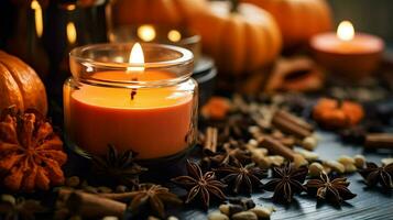 Pumpkin spice potpourri and candles, cozy background layout, Generative AI photo