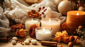 Pumpkin spice potpourri and candles, cozy background layout, Generative AI photo