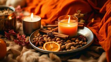 Pumpkin spice potpourri and candles, cozy background layout, Generative AI photo