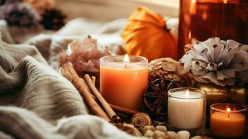 Pumpkin spice potpourri and candles, cozy background layout, Generative AI photo