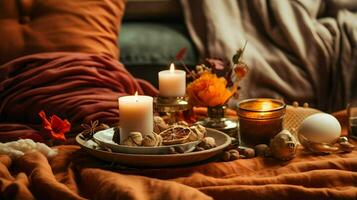 Pumpkin spice potpourri and candles, cozy background layout, Generative AI photo